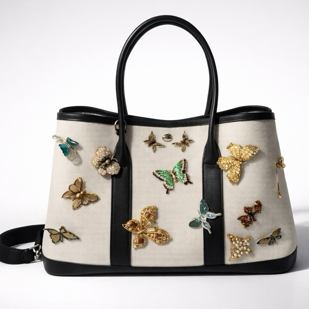 Custom Canvas & Leather Butterfly Tote, w/14 vintage brooches, strap, pouch